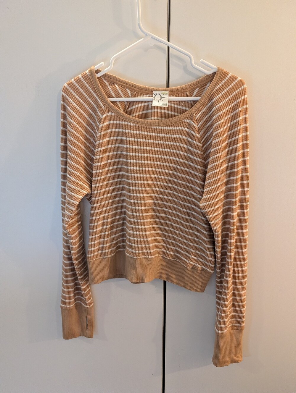 Aerie Offline Woman's XL Striped Crewneck Sweater - Camel/White